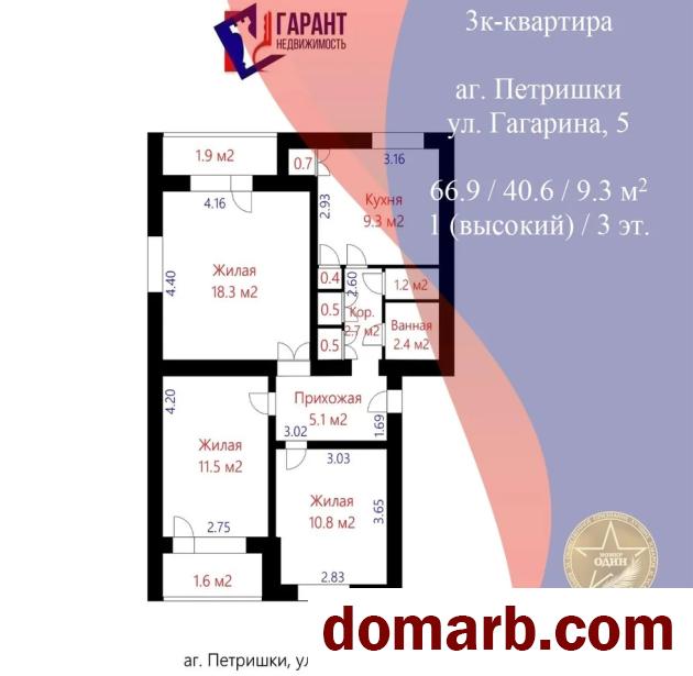 Купить Петришки Купить Квартиру 1984 г. 66,9 м2 1 этаж 3-ная Гагарин в городе Петришки